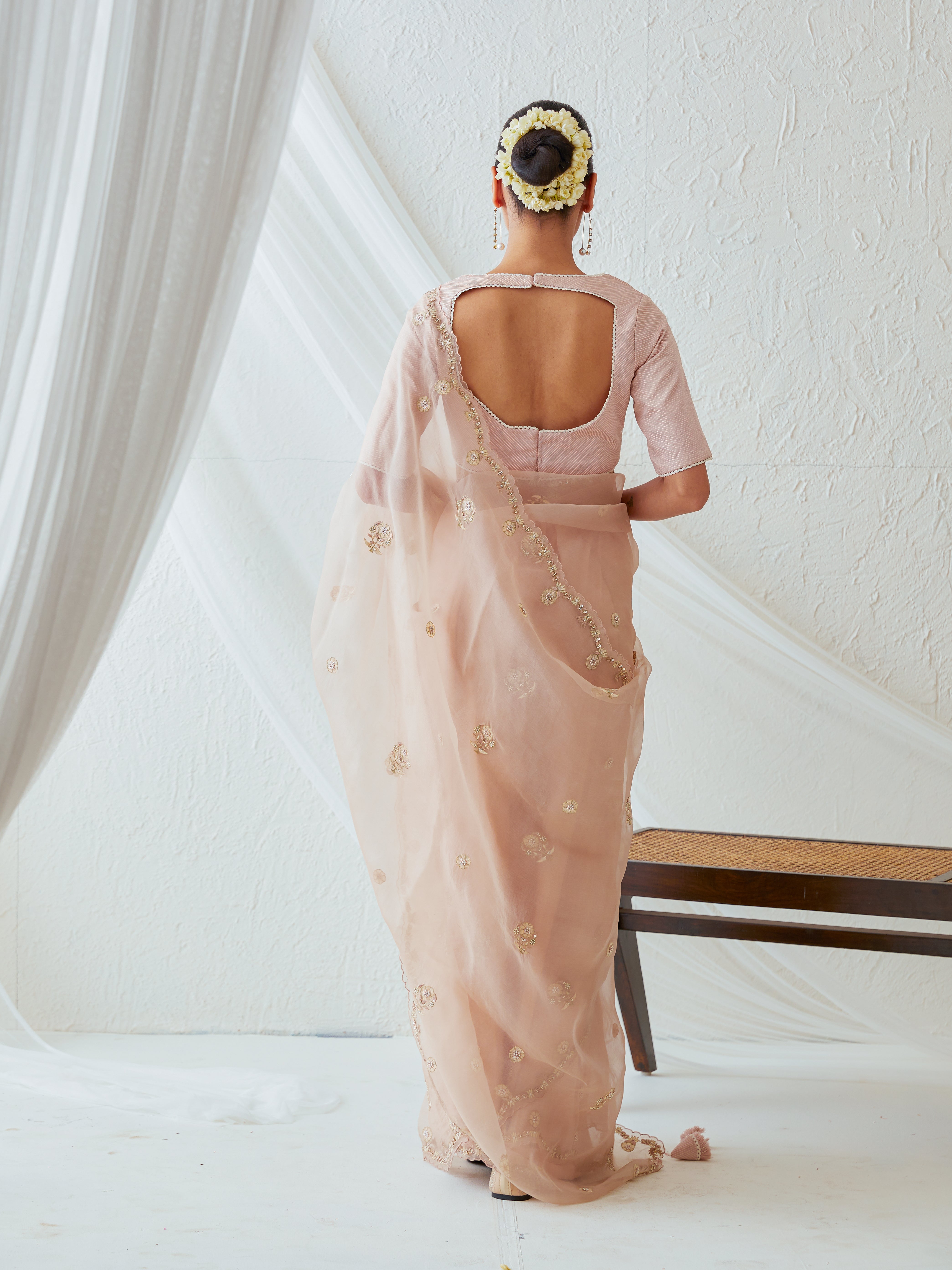 Reshami Raat peach nude saree