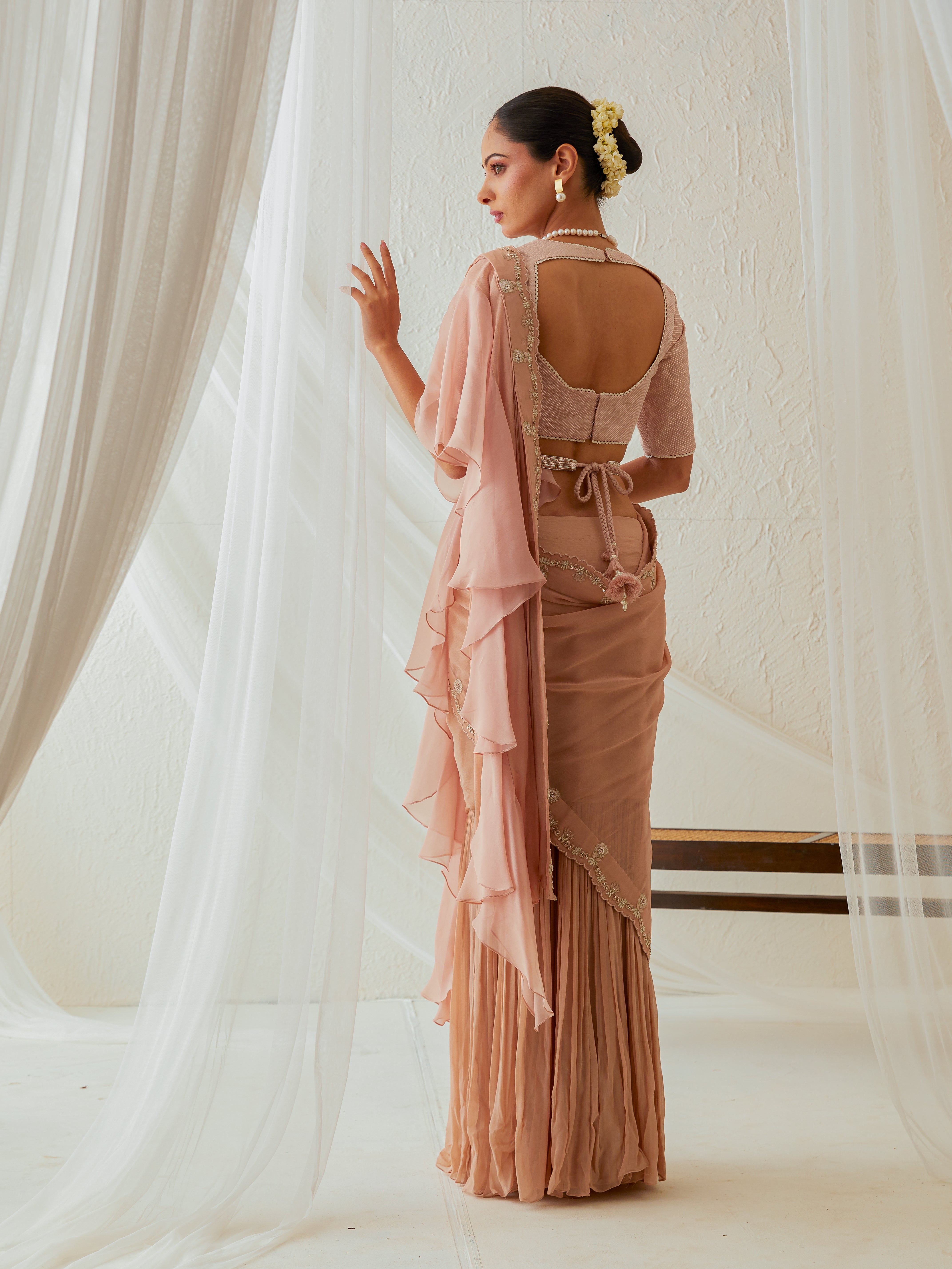 Reshami Raat pre drape peach nude