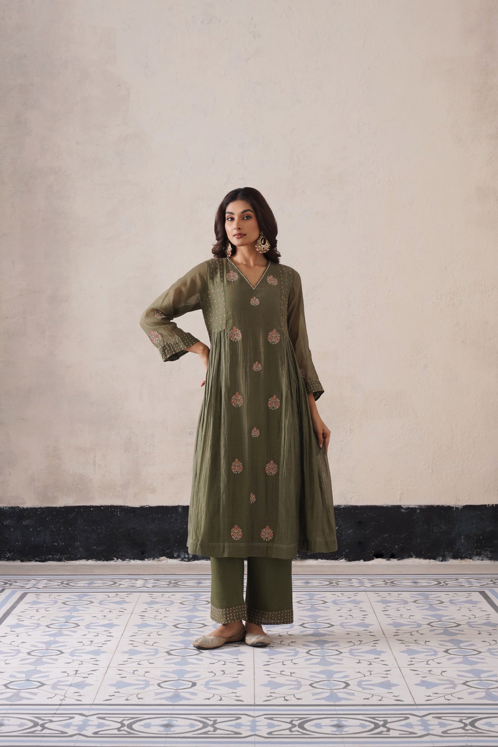 Olive Green Pannel Kurta Set