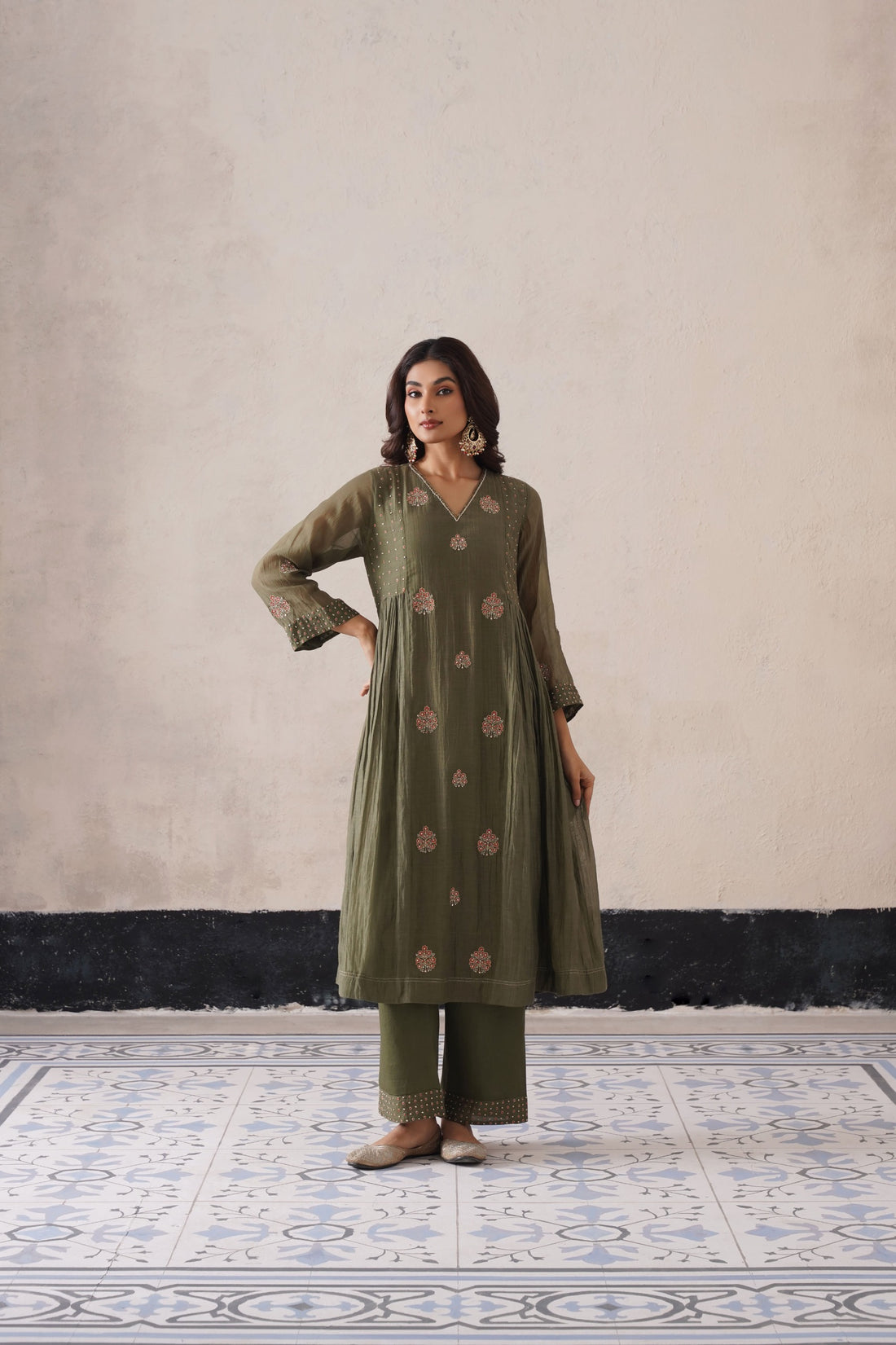 Olive Green Pannel Kurta Set