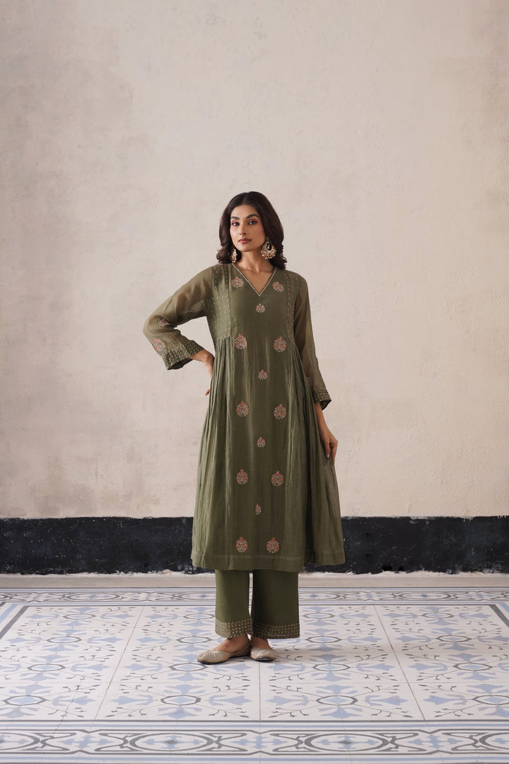 Olive Green Pannel Kurta Set