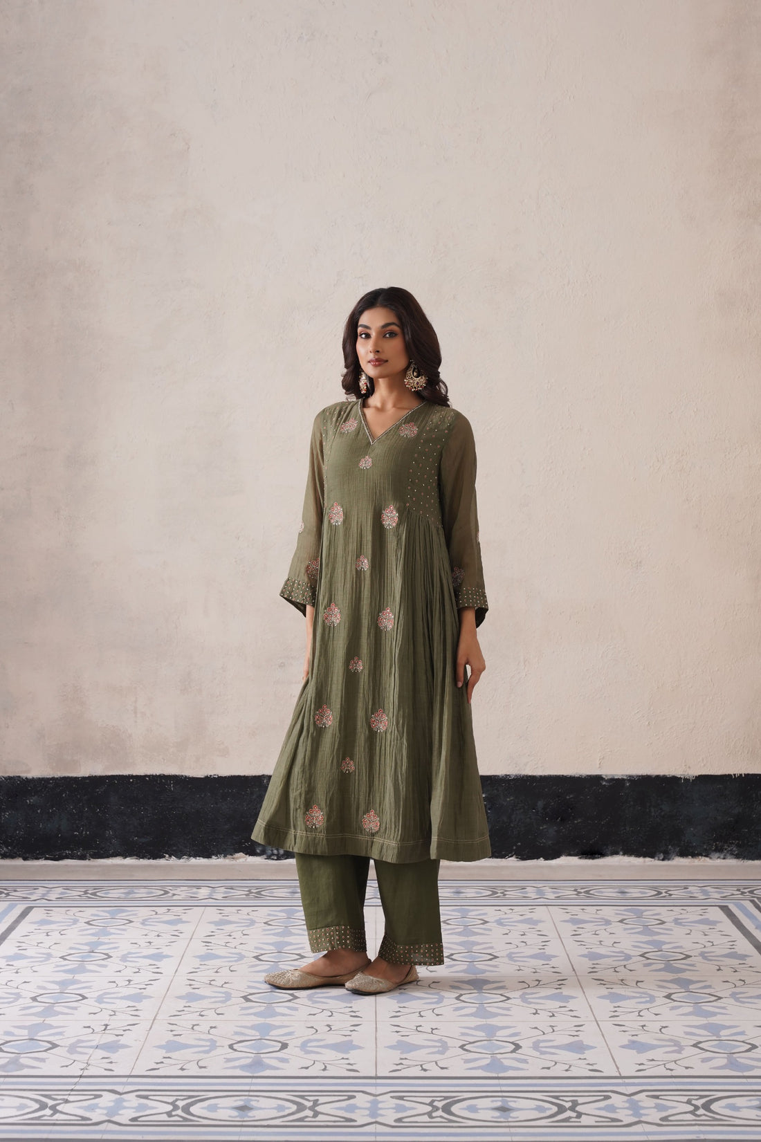 Olive Green Pannel Kurta Set