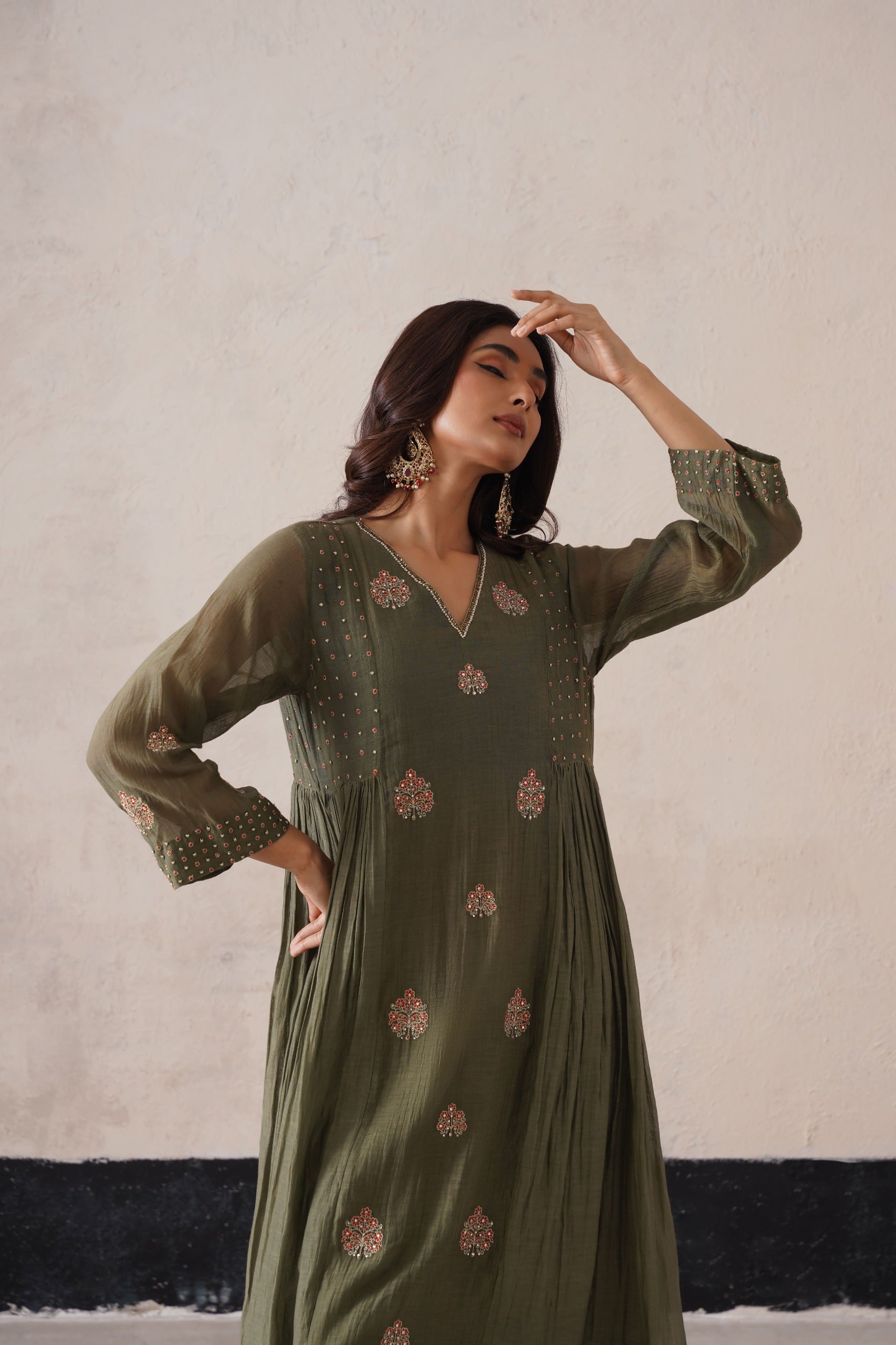 Olive Green Pannel Kurta Set