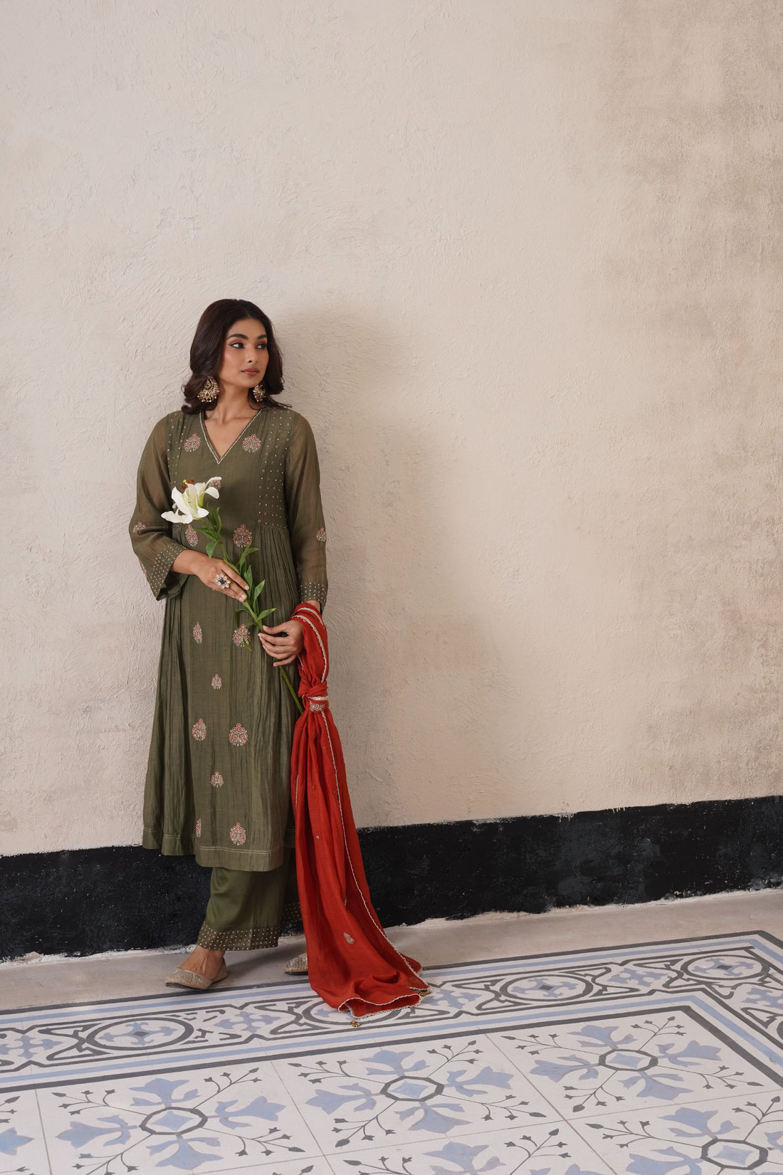 Olive Green Pannel Kurta Set