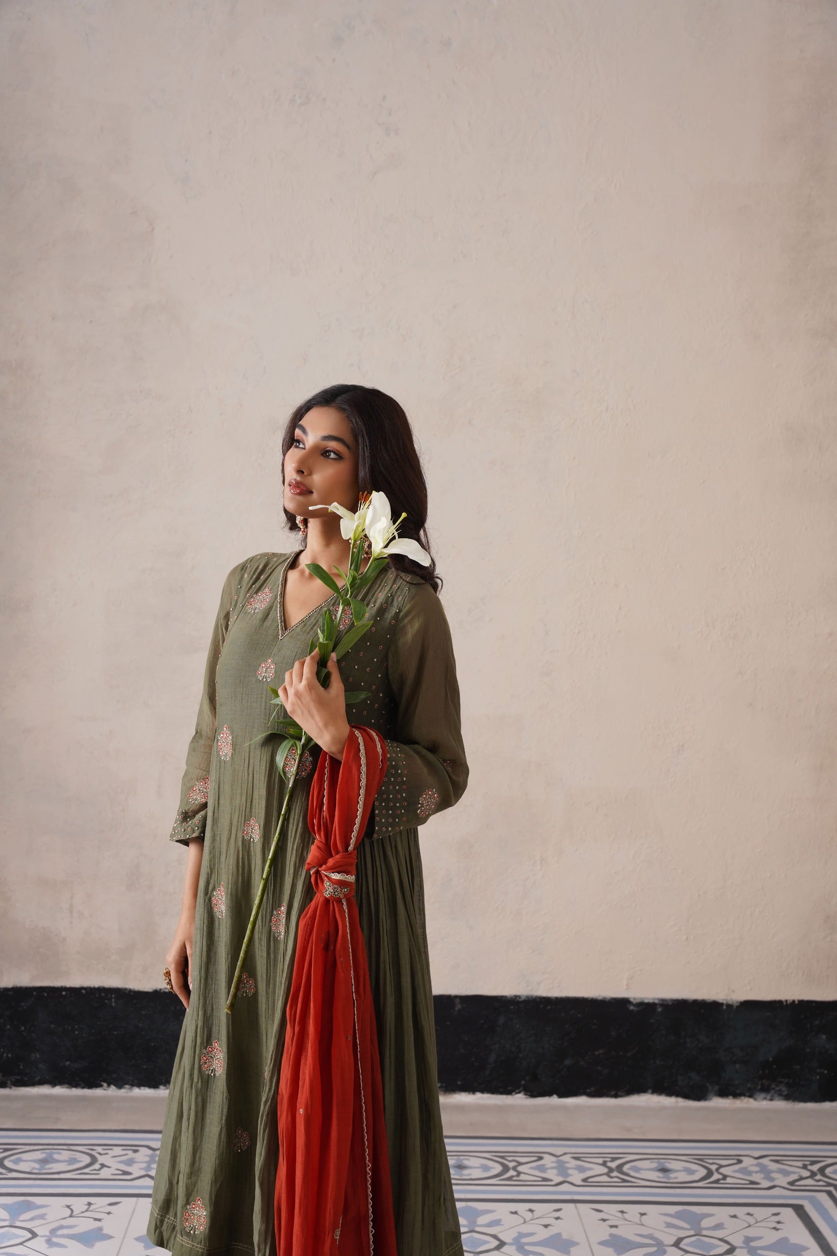 Olive Green Pannel Kurta Set