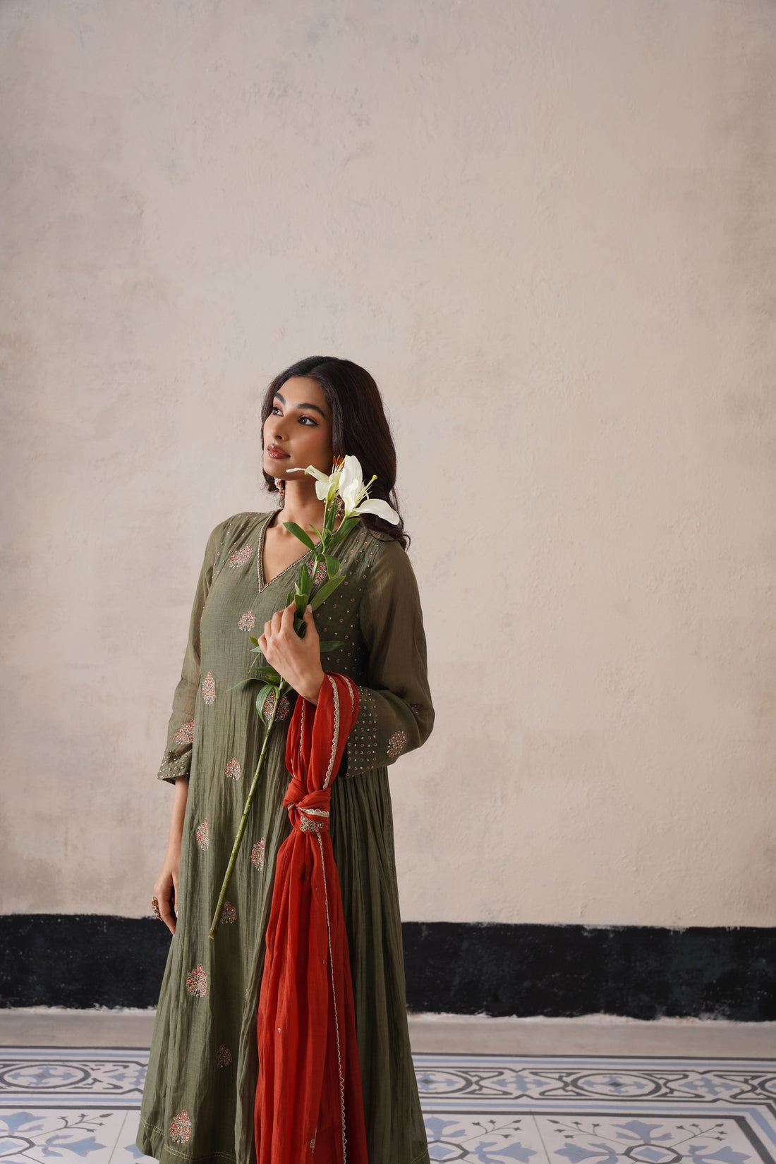 Olive Green Pannel Kurta Set