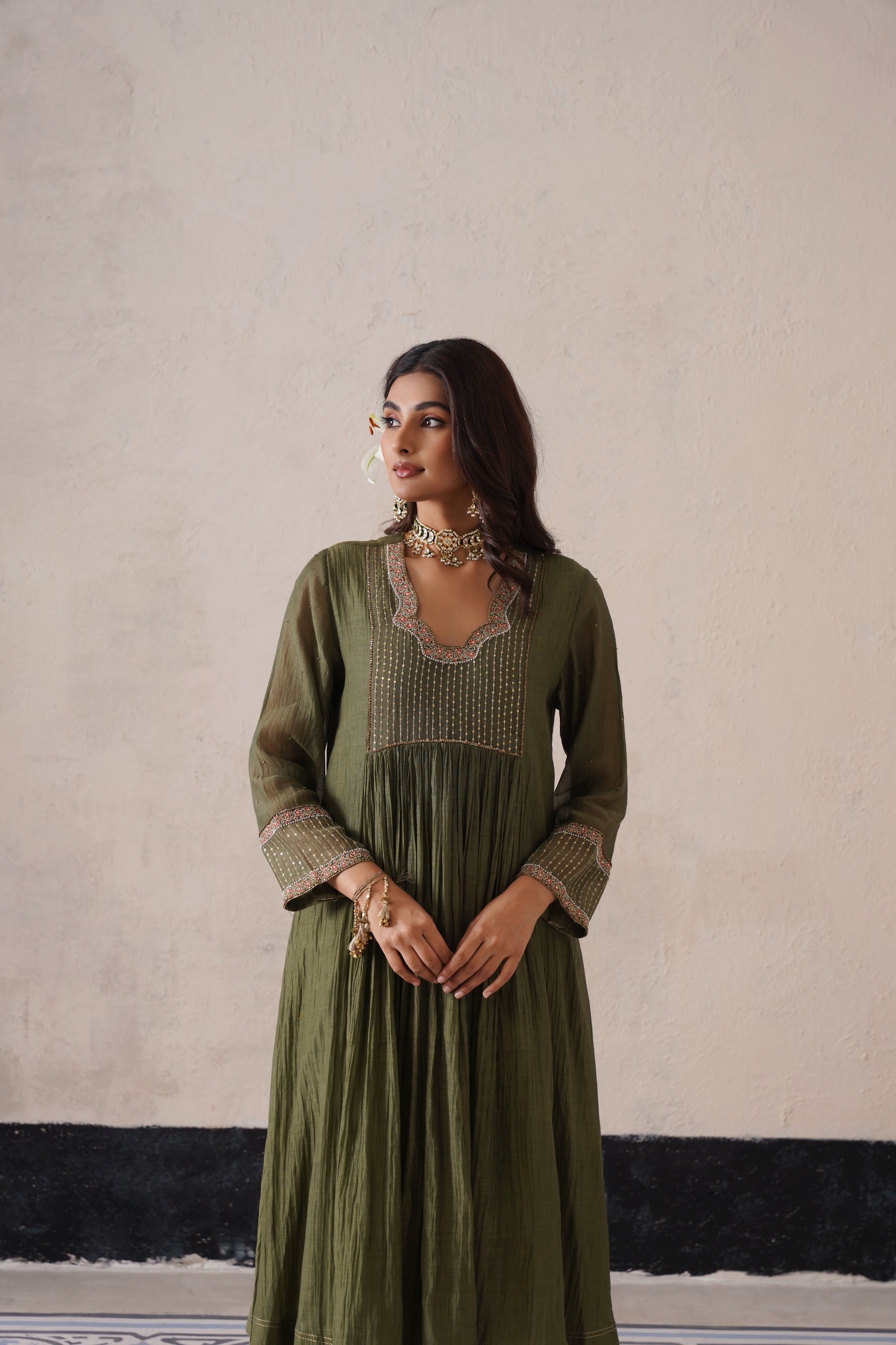 Olive Green Gather Kurta Set