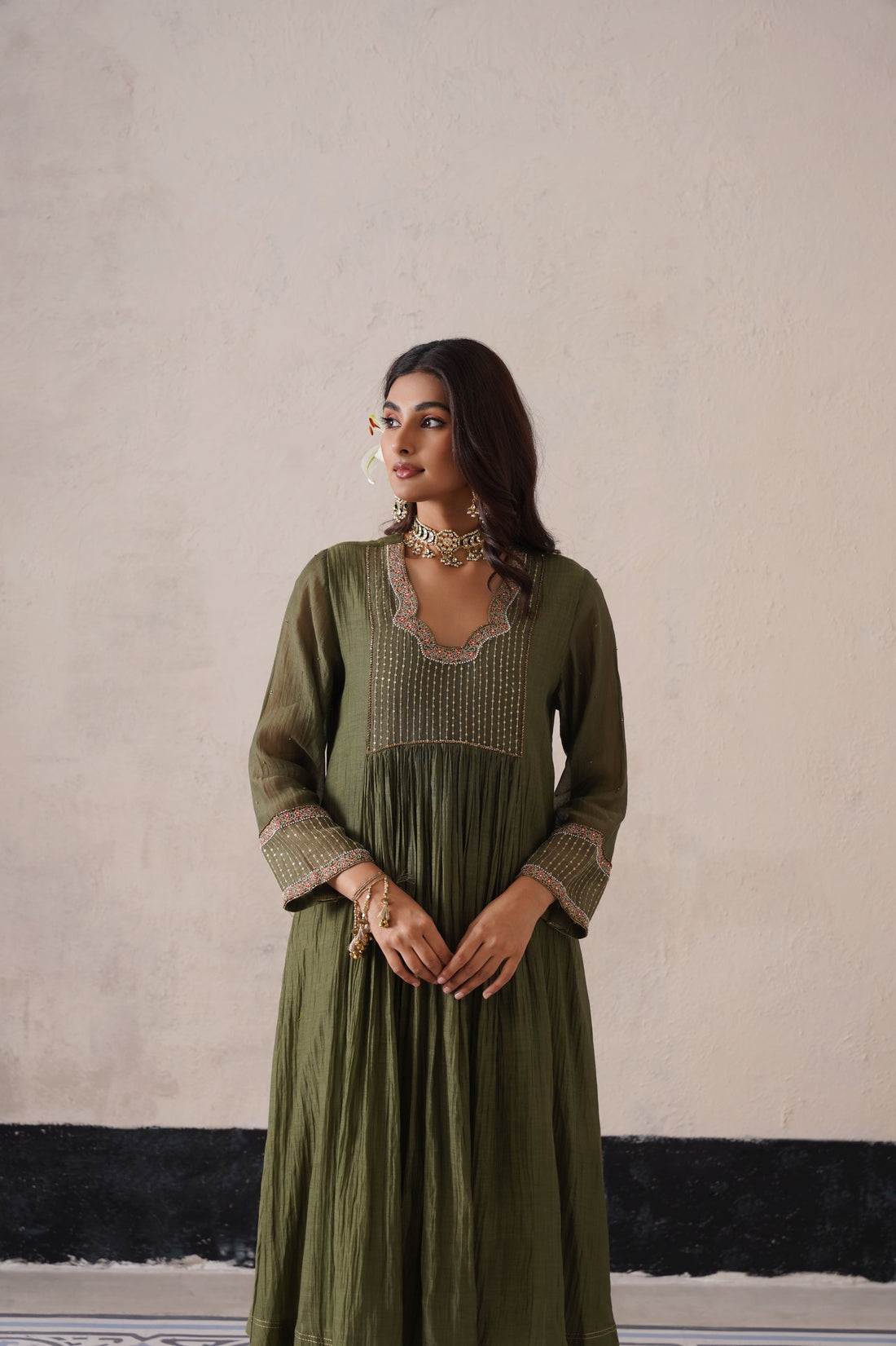 Olive Green Gather Kurta Set