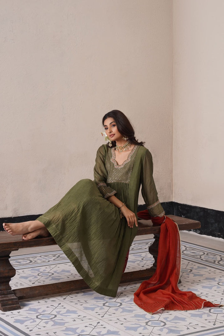 Olive Green Gather Kurta Set