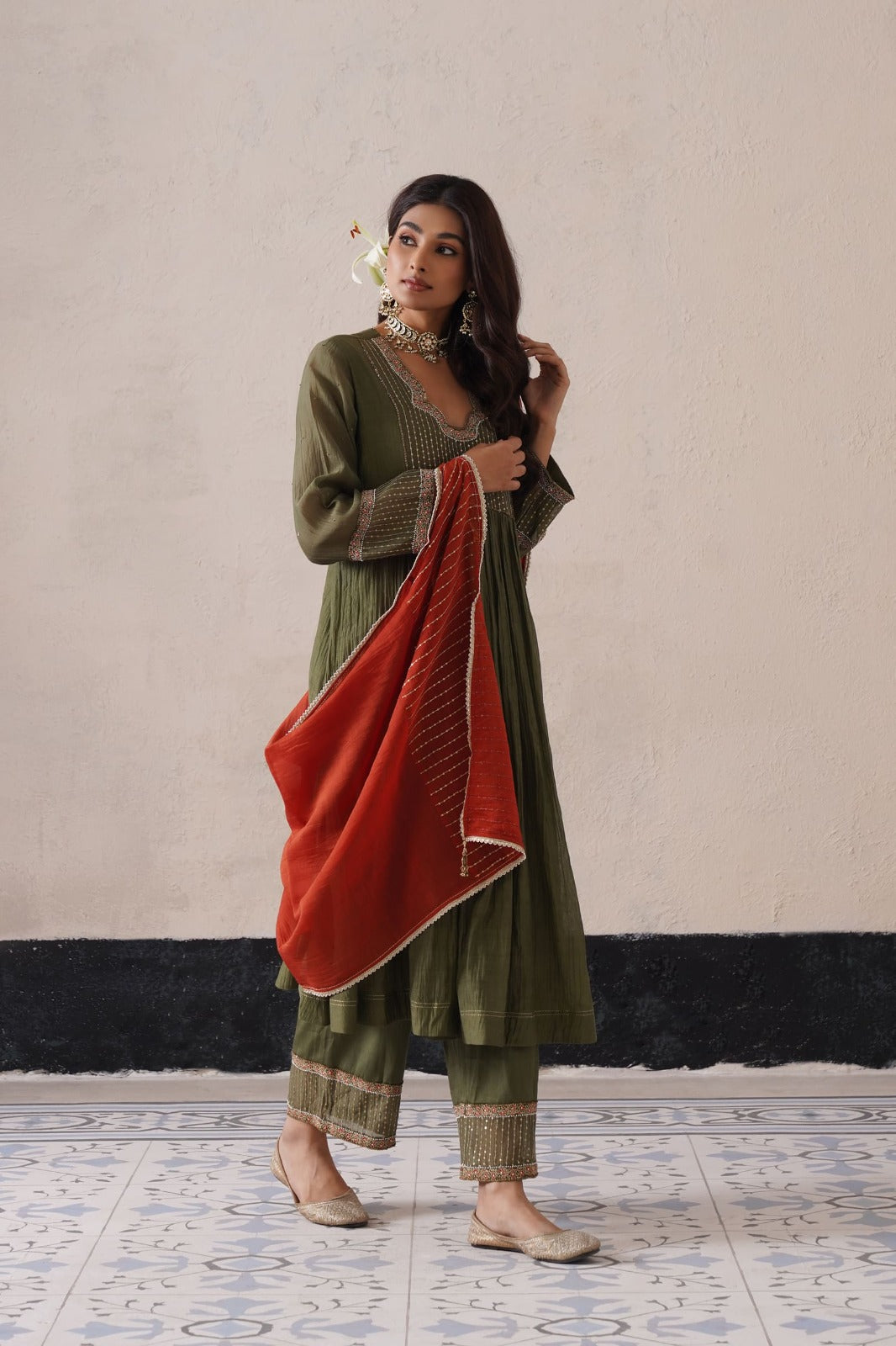 Olive Green Gather Kurta Set