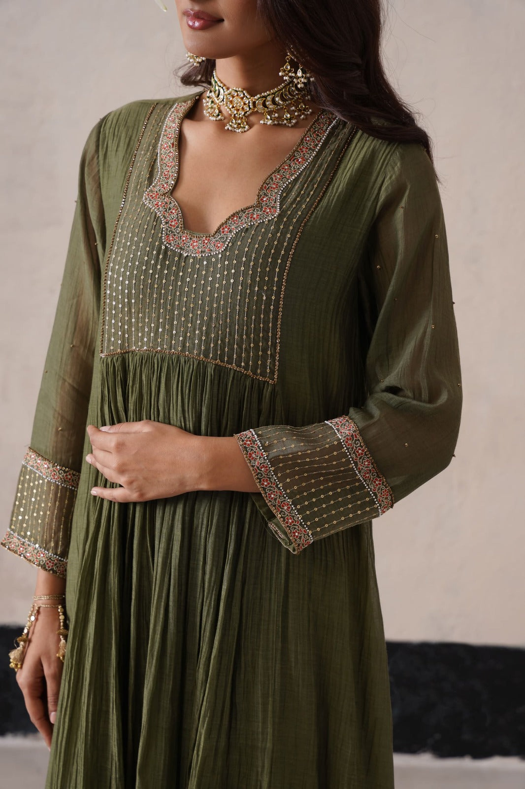 Olive Green Gather Kurta Set