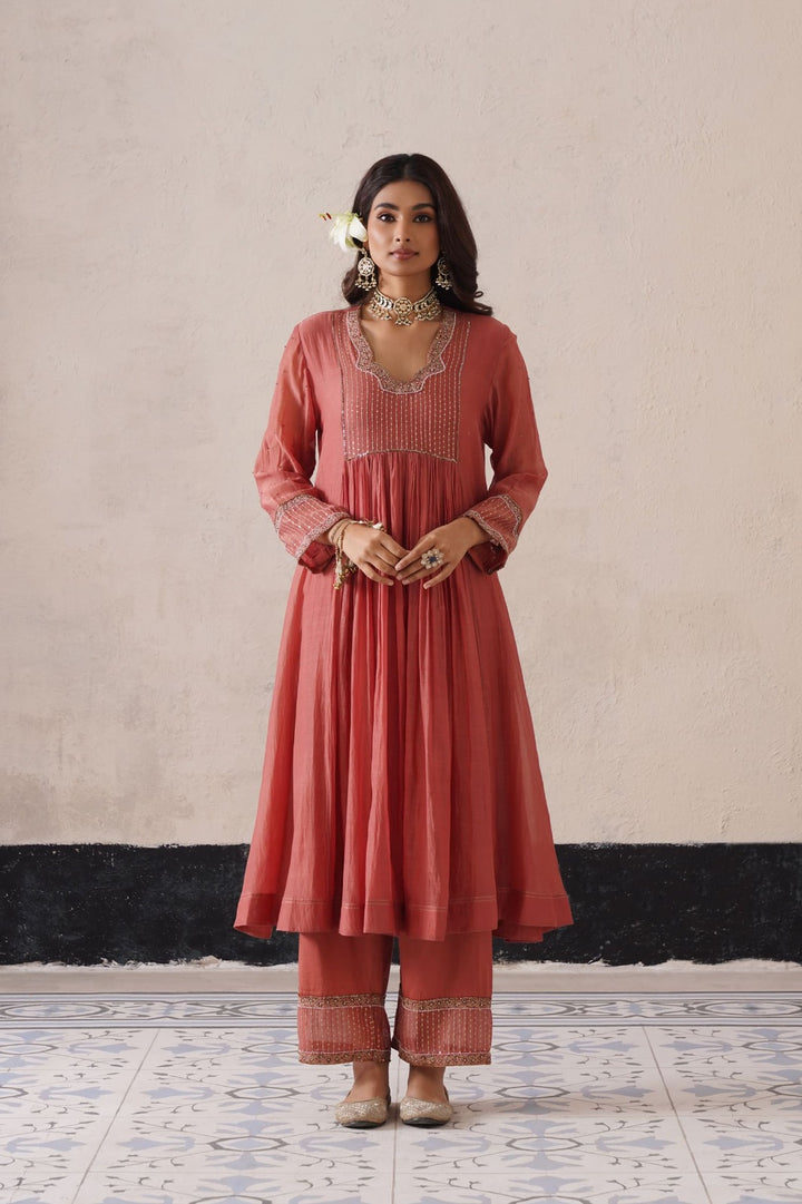 Peach Pink Gather Kurta Set