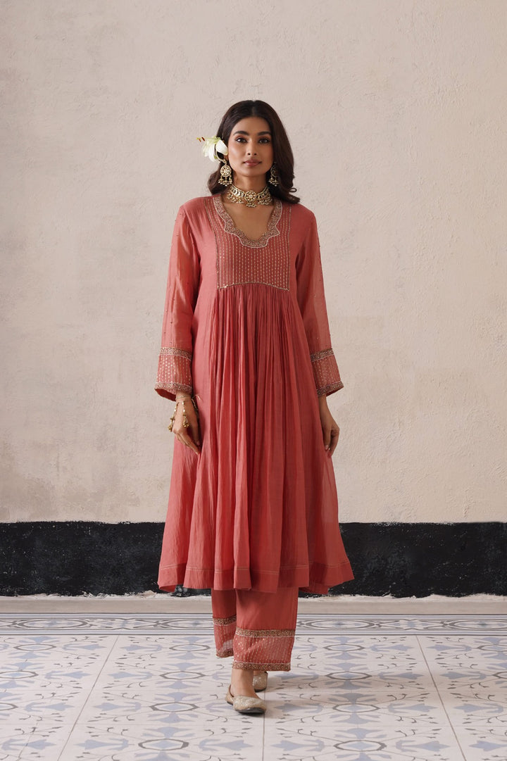 Peach Pink Gather Kurta Set