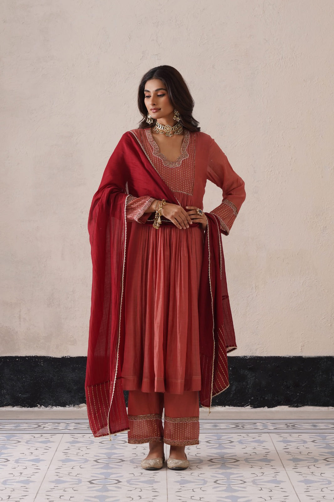 Peach Pink Gather Kurta Set