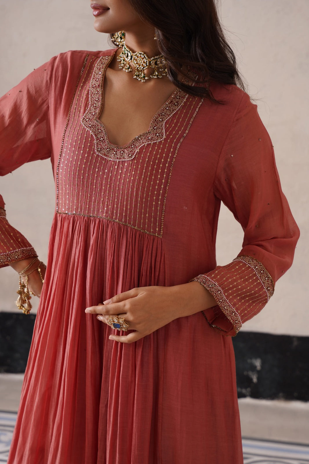 Peach Pink Gather Kurta Set