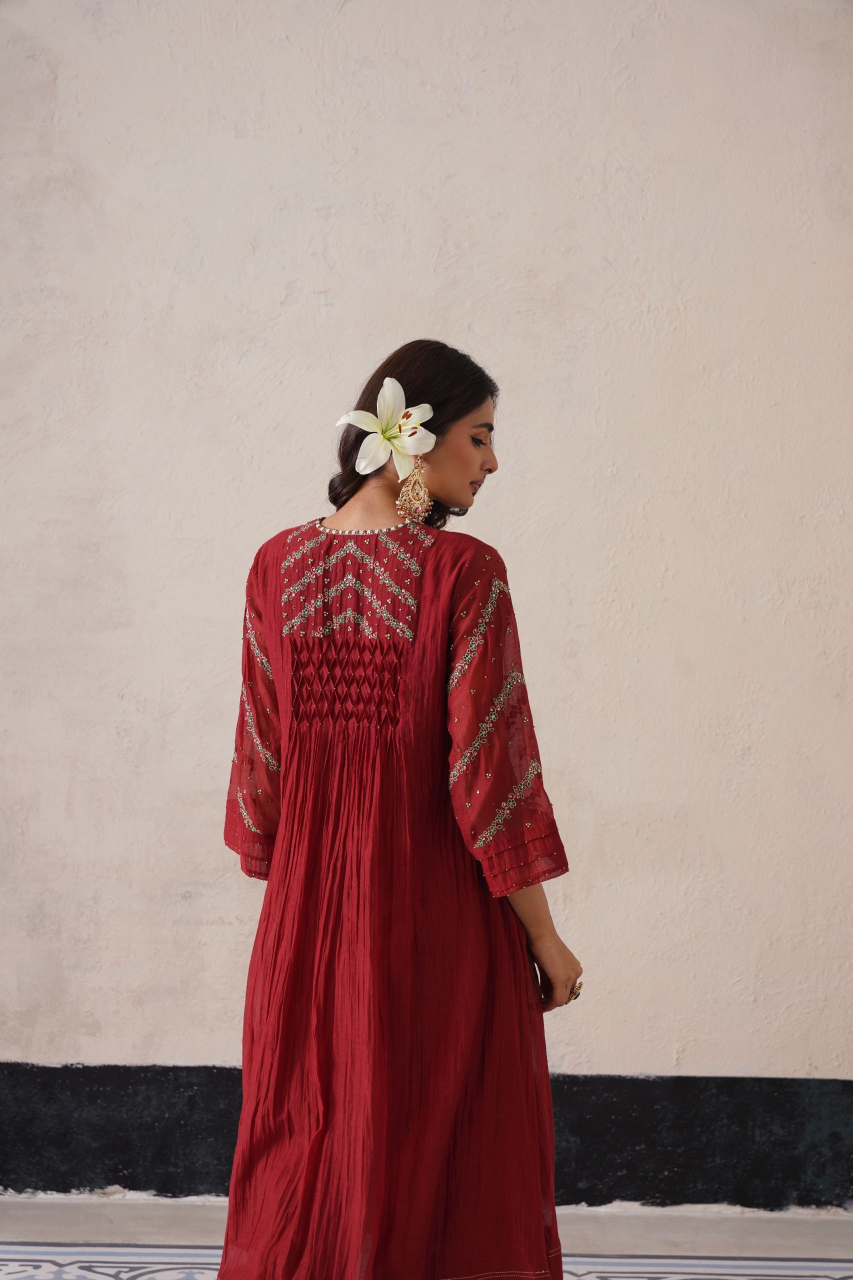 Mahroon Pintuck Kurta Set