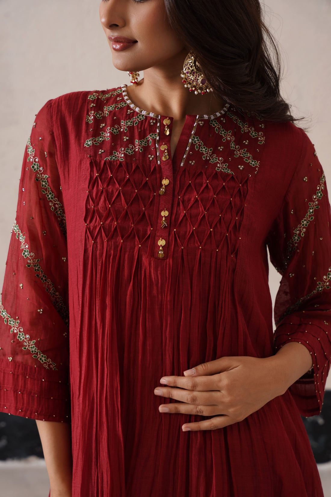 Mahroon Pintuck Kurta Set