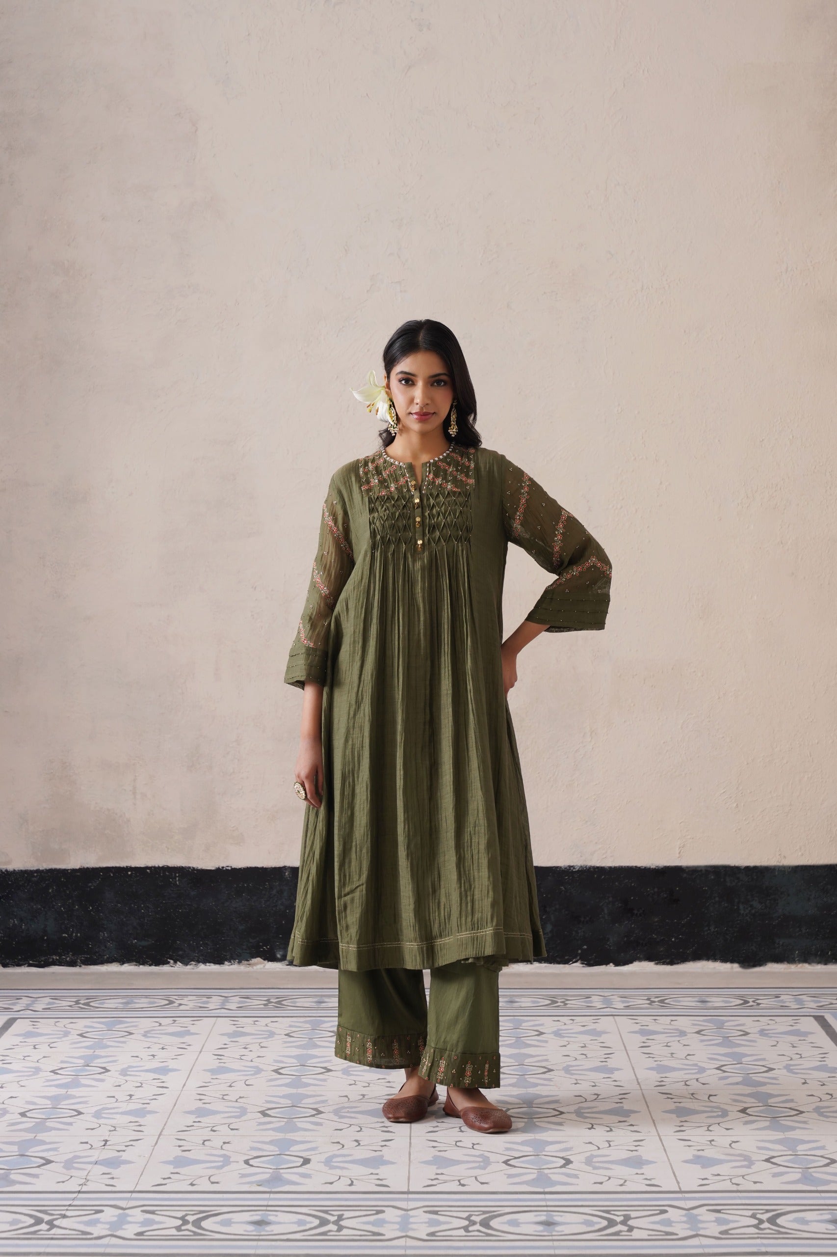 Olive Green Pintuck Kurta Set