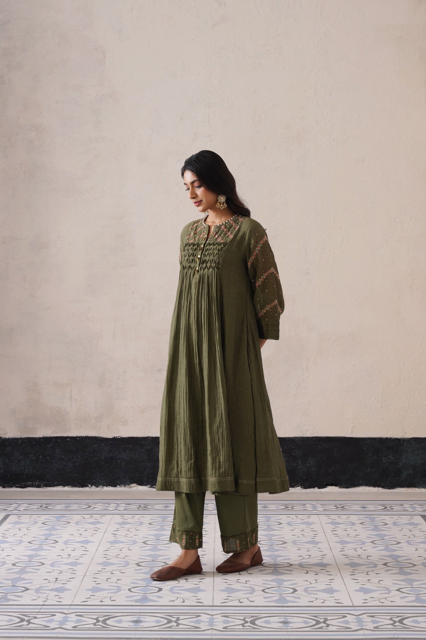 Olive Green Pintuck Kurta Set