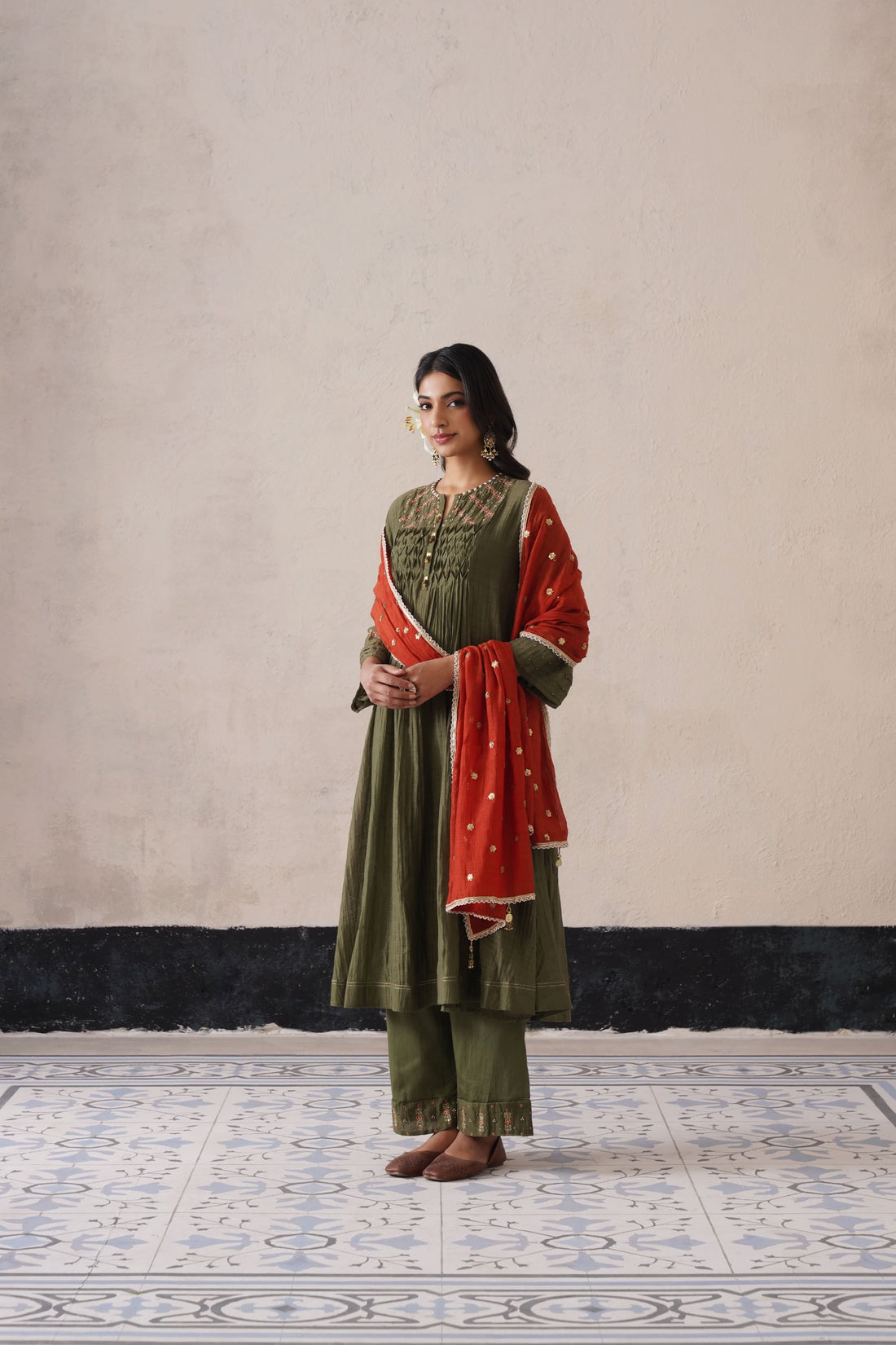 Olive Green Pintuck Kurta Set