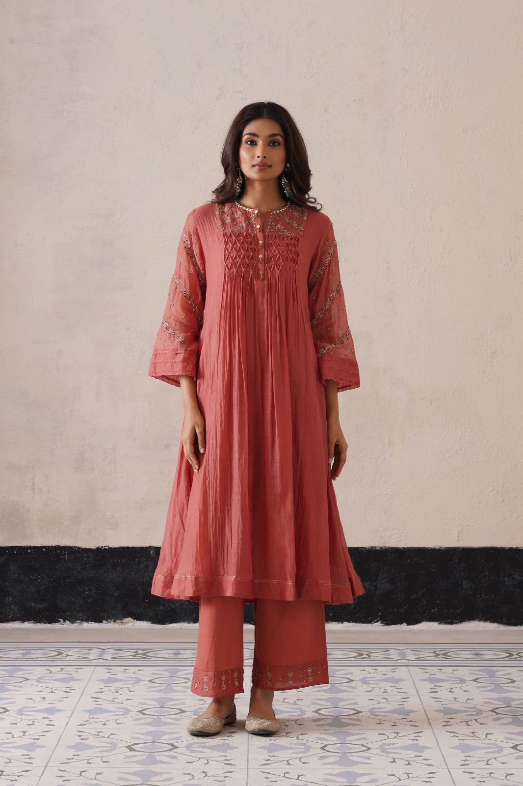 Peach Pink Pintuck Kurta Se