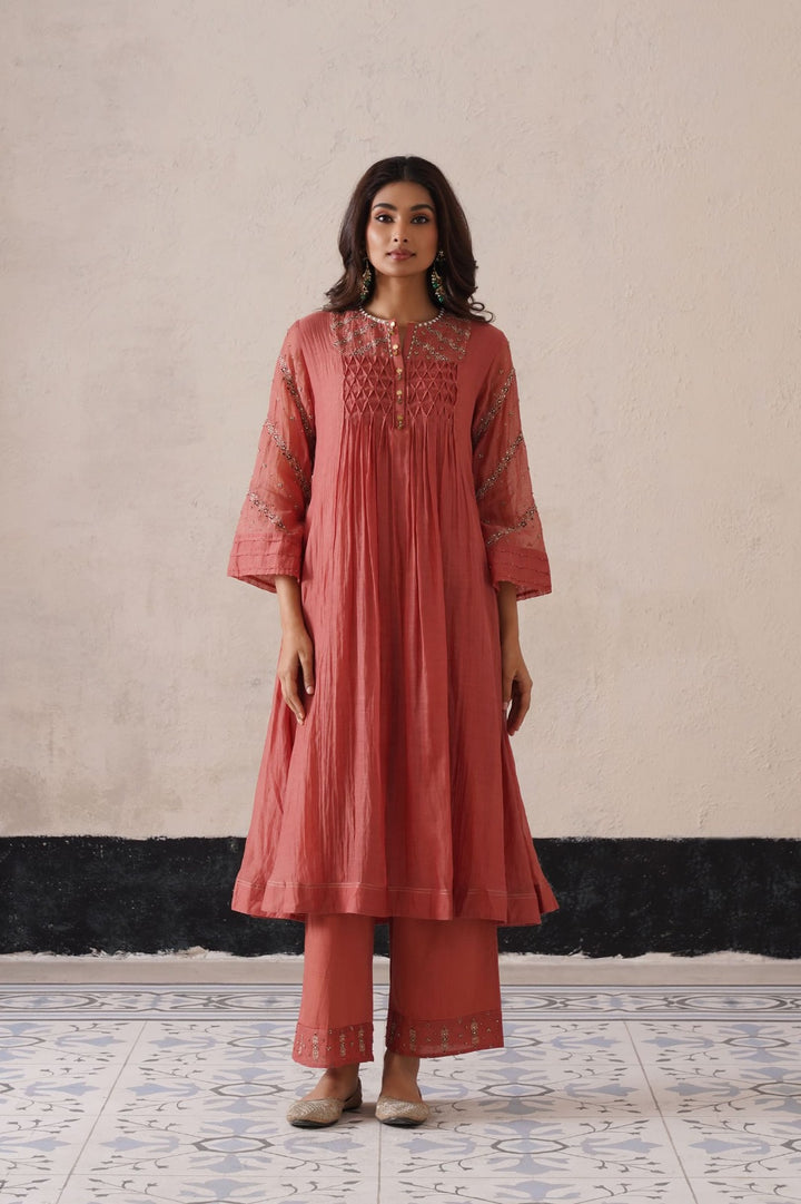 Peach Pink Pintuck Kurta Se