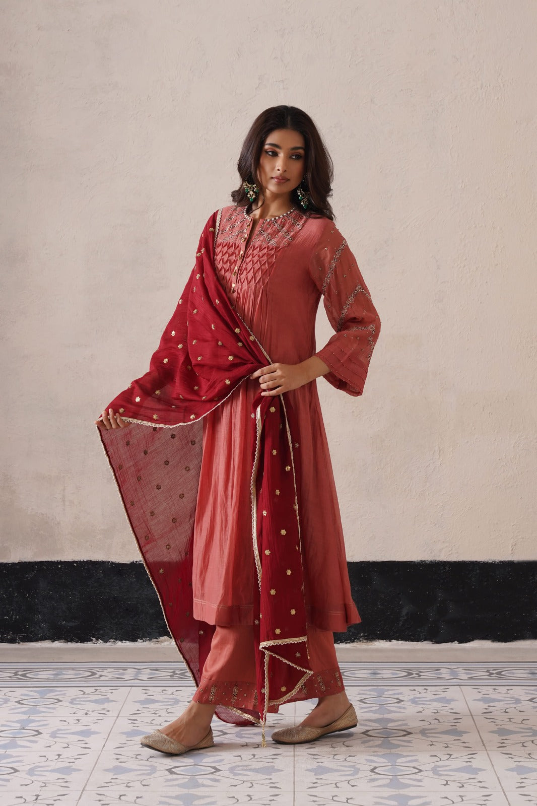 Peach Pink Pintuck Kurta Se