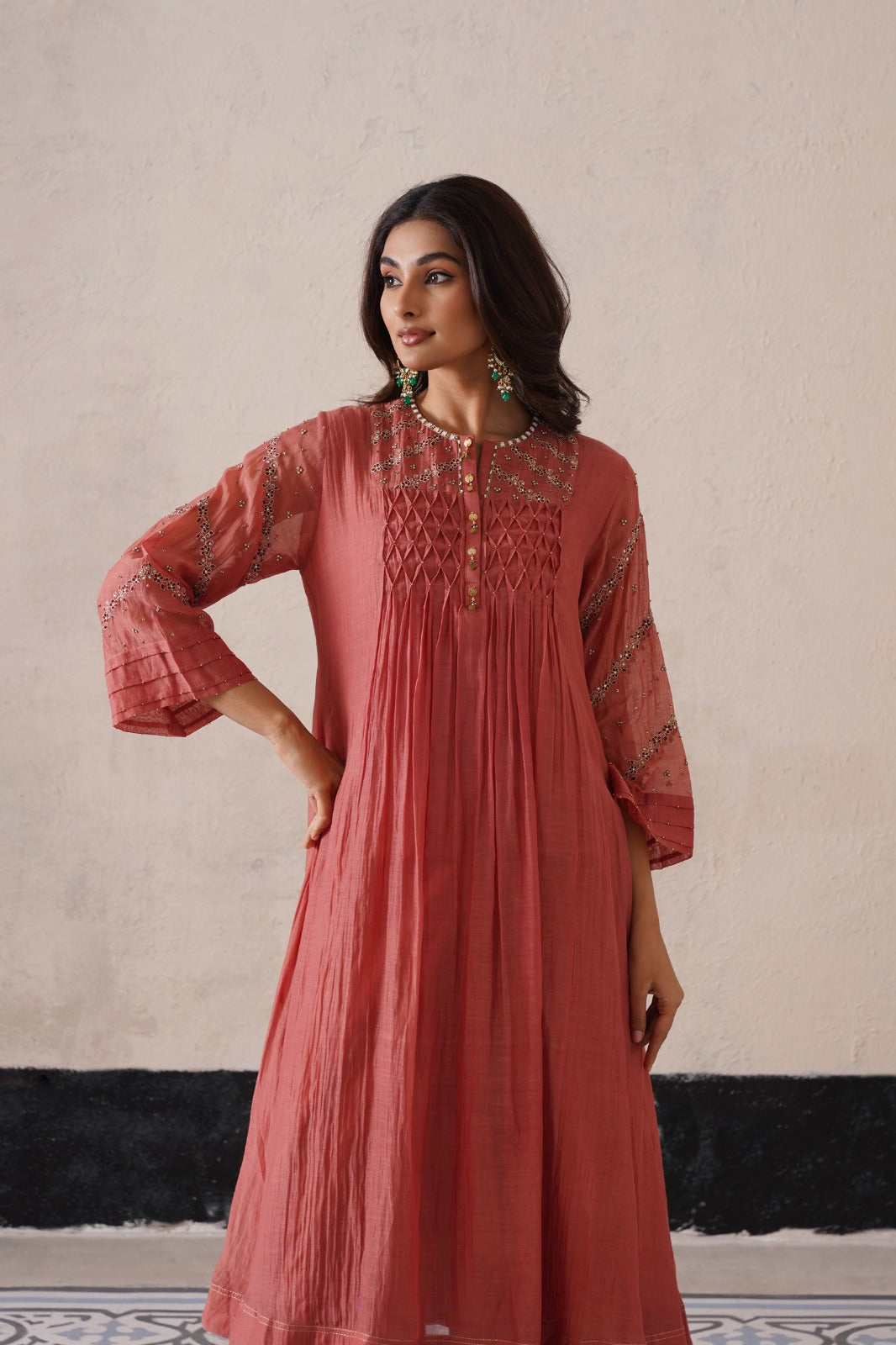 Peach Pink Pintuck Kurta Se