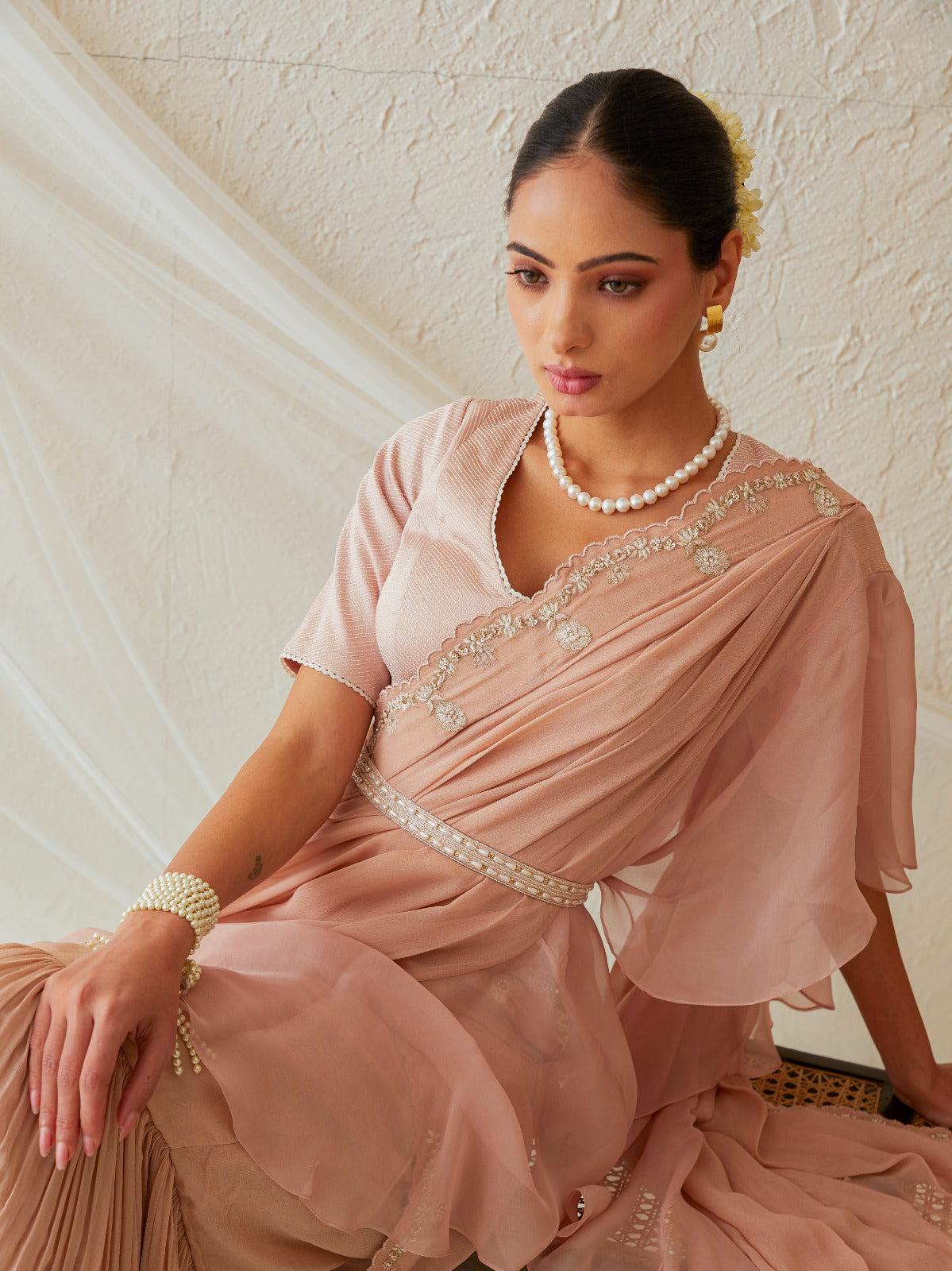 Reshami Raat pre drape peach nude