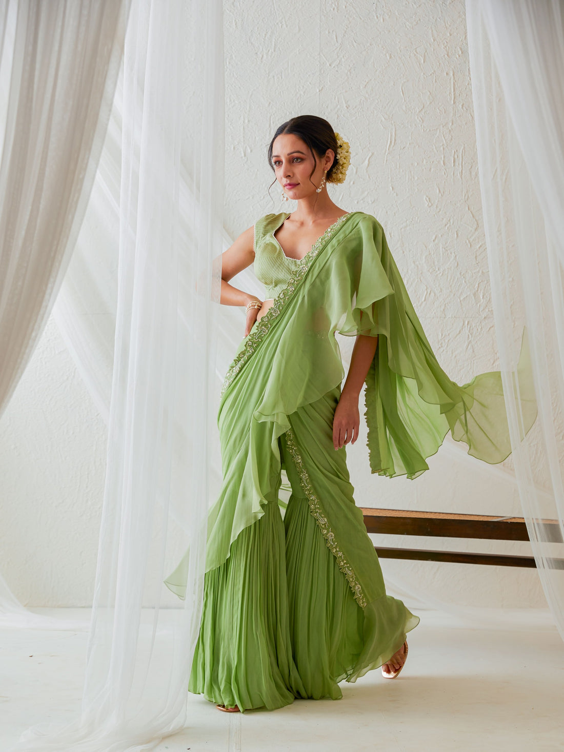 Reshami Raat pre drape leaf green
