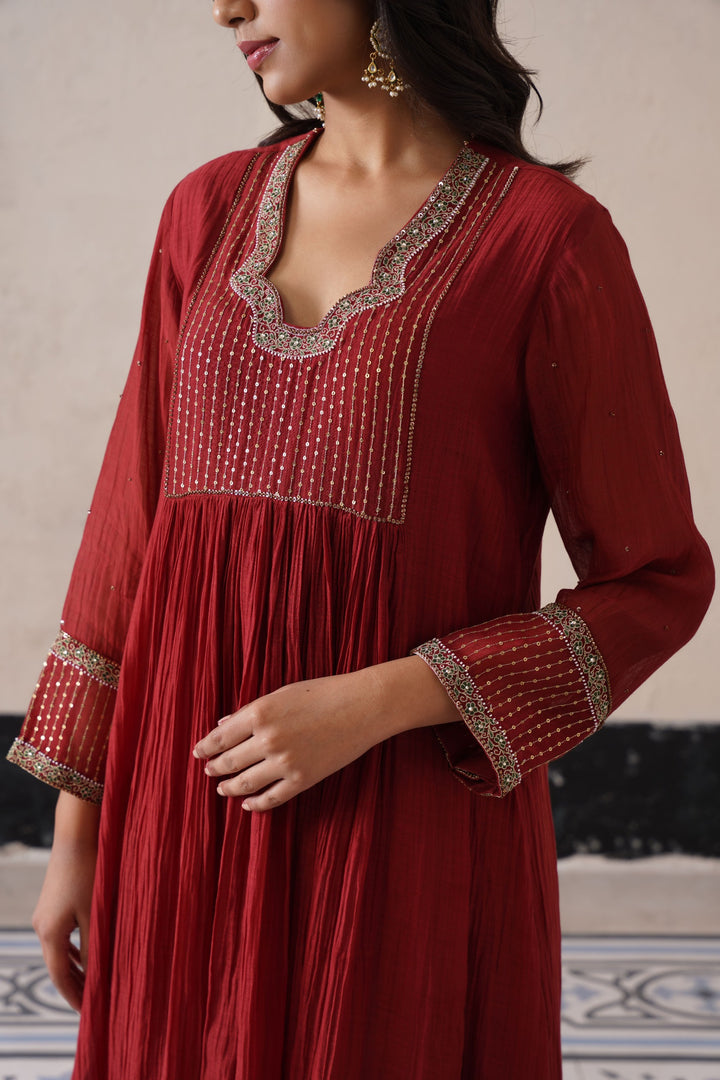 Mahroon Gather Kurta Set