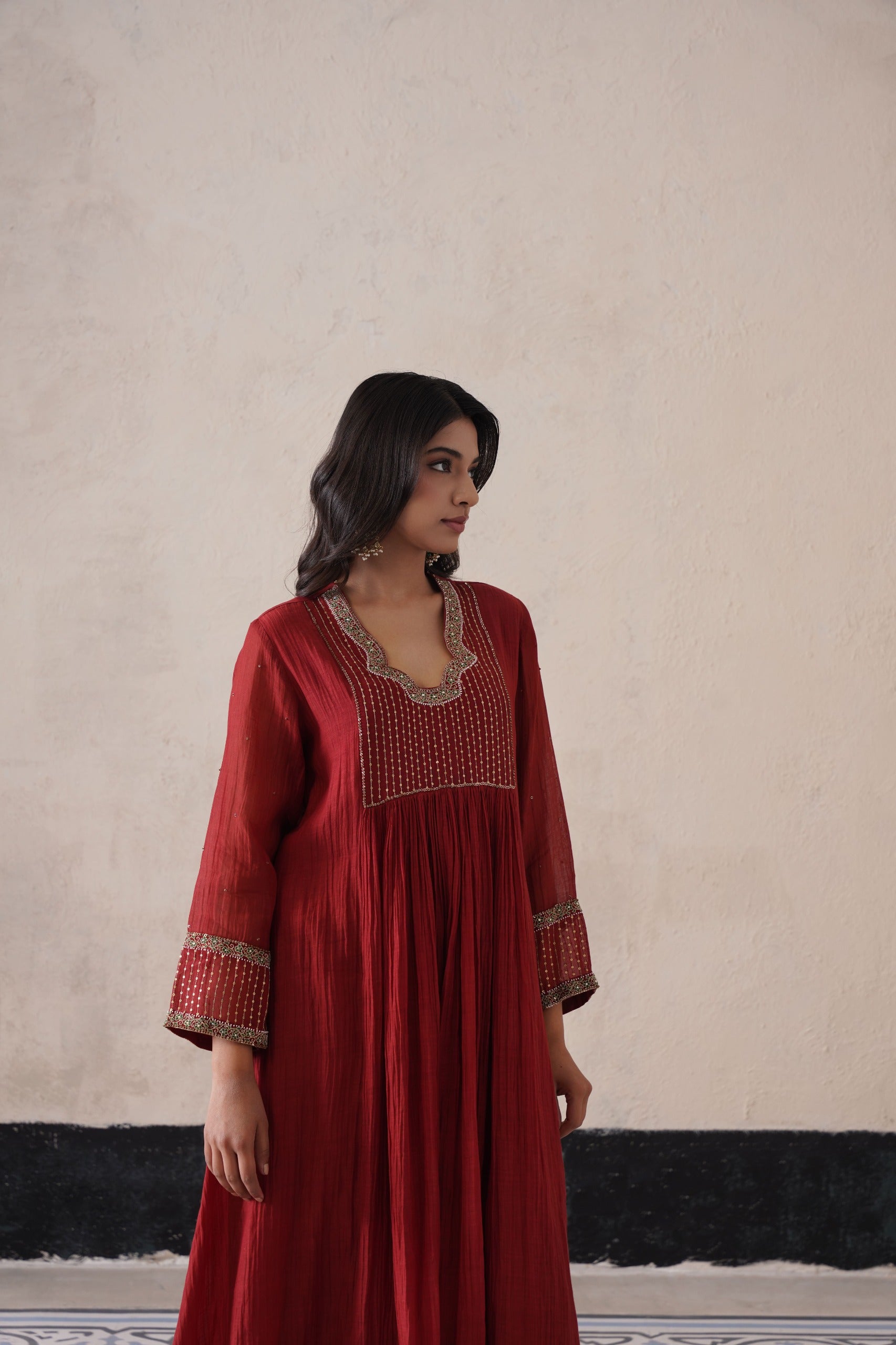 Mahroon Gather Kurta Set
