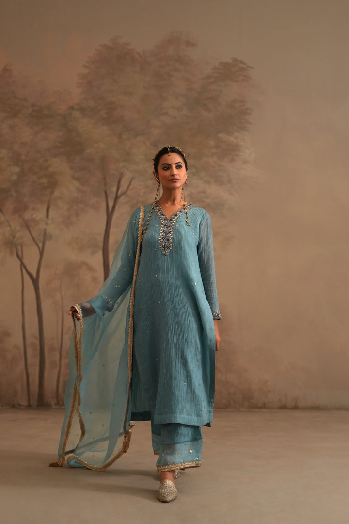 Prussian Blue Heer Pahal Straight Kurta Set