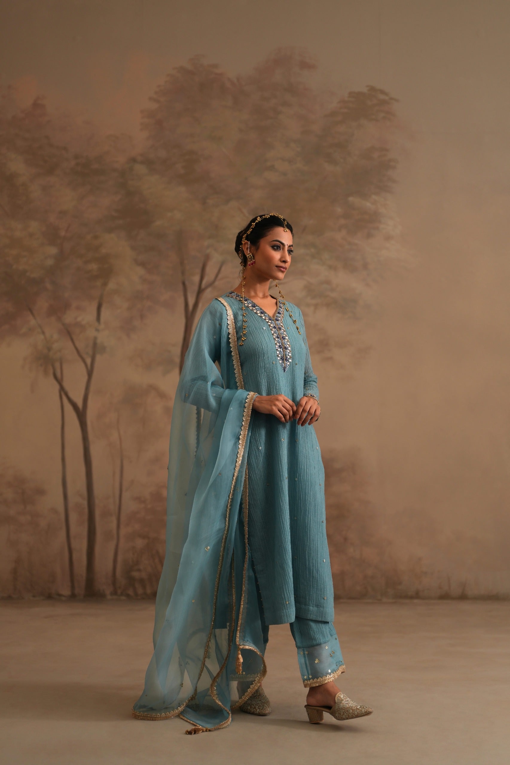 Prussian Blue Heer Pahal Straight Kurta Set