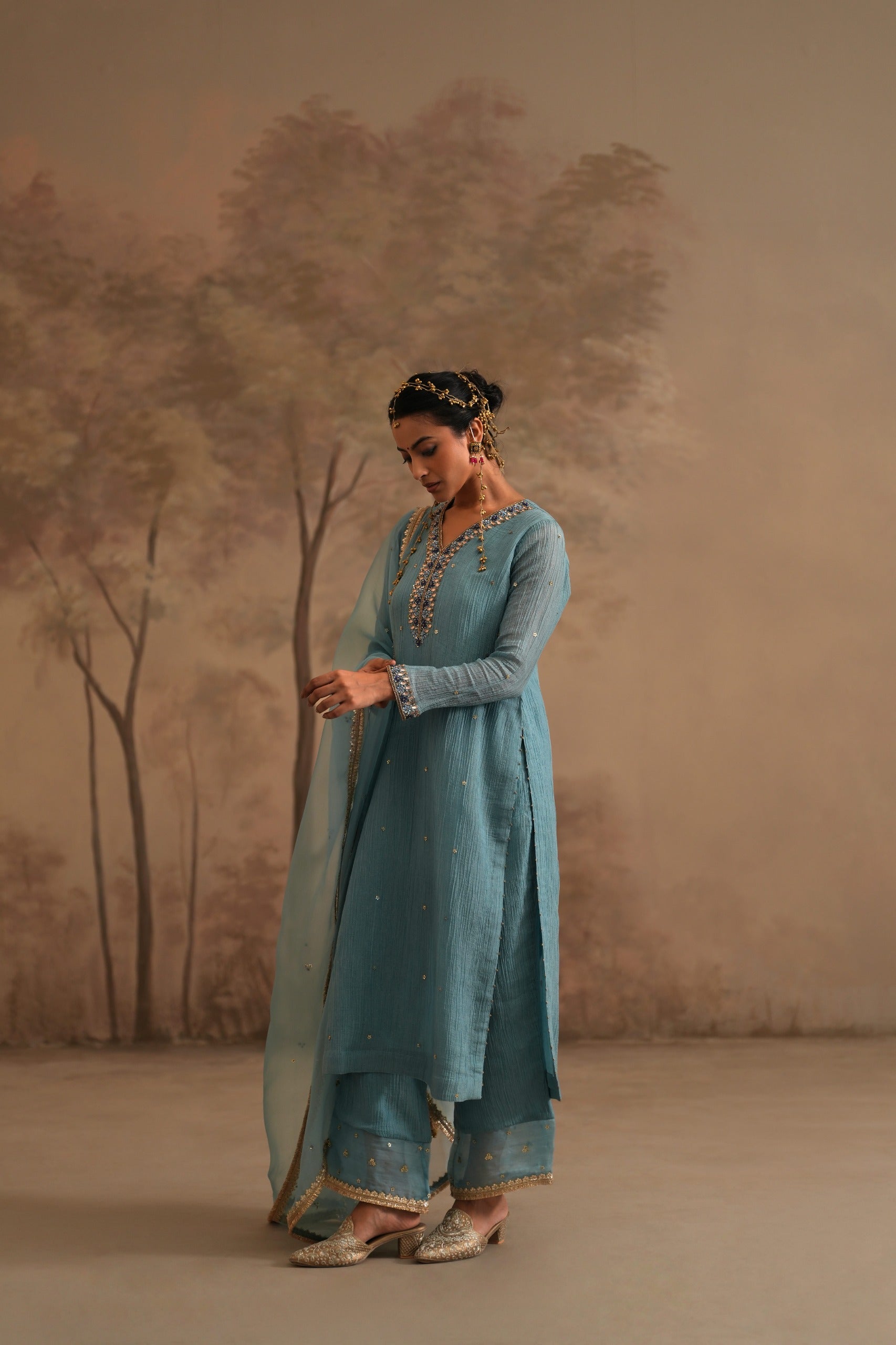 Prussian Blue Heer Pahal Straight Kurta Set