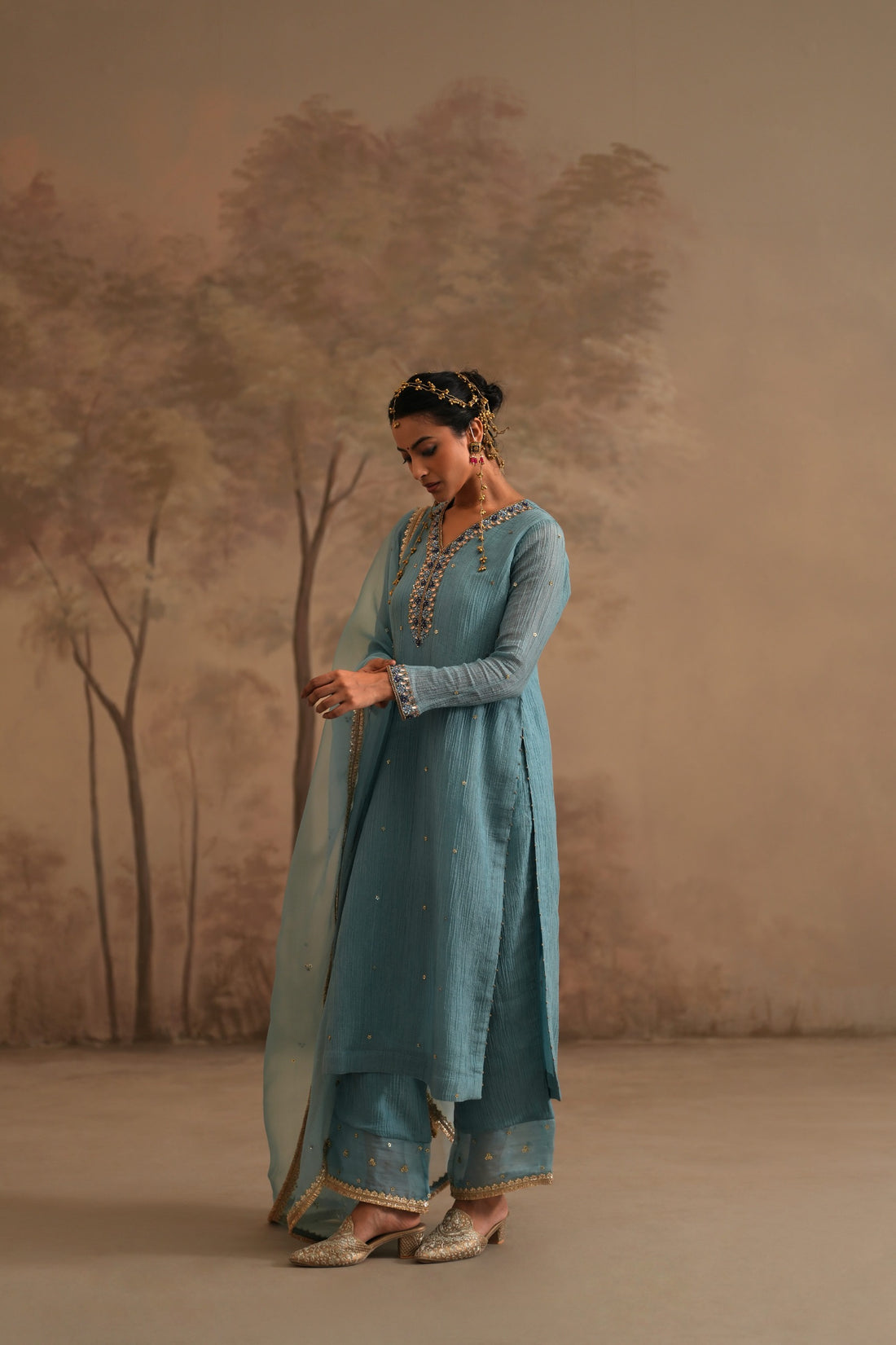 Prussian Blue Heer Pahal Straight Kurta Set