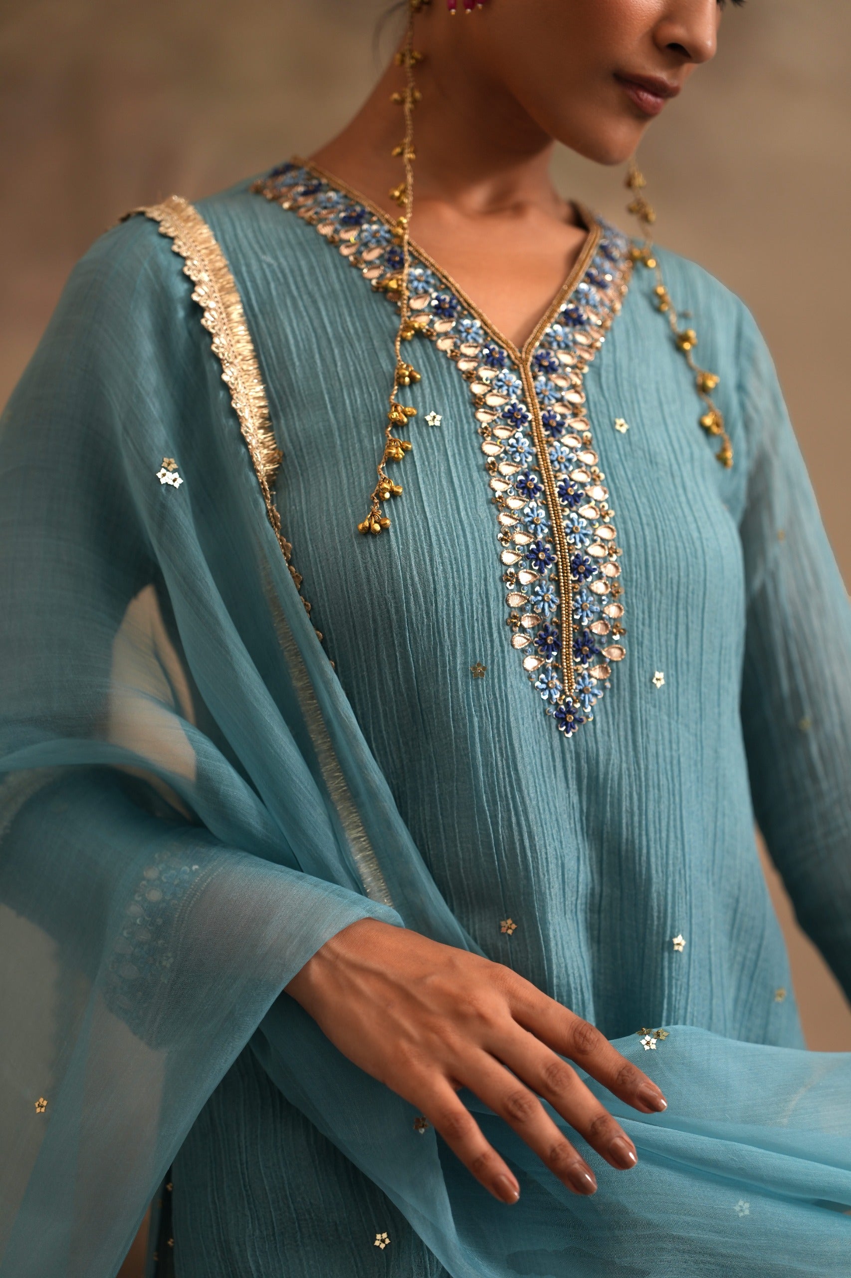 Prussian Blue Heer Pahal Straight Kurta Set