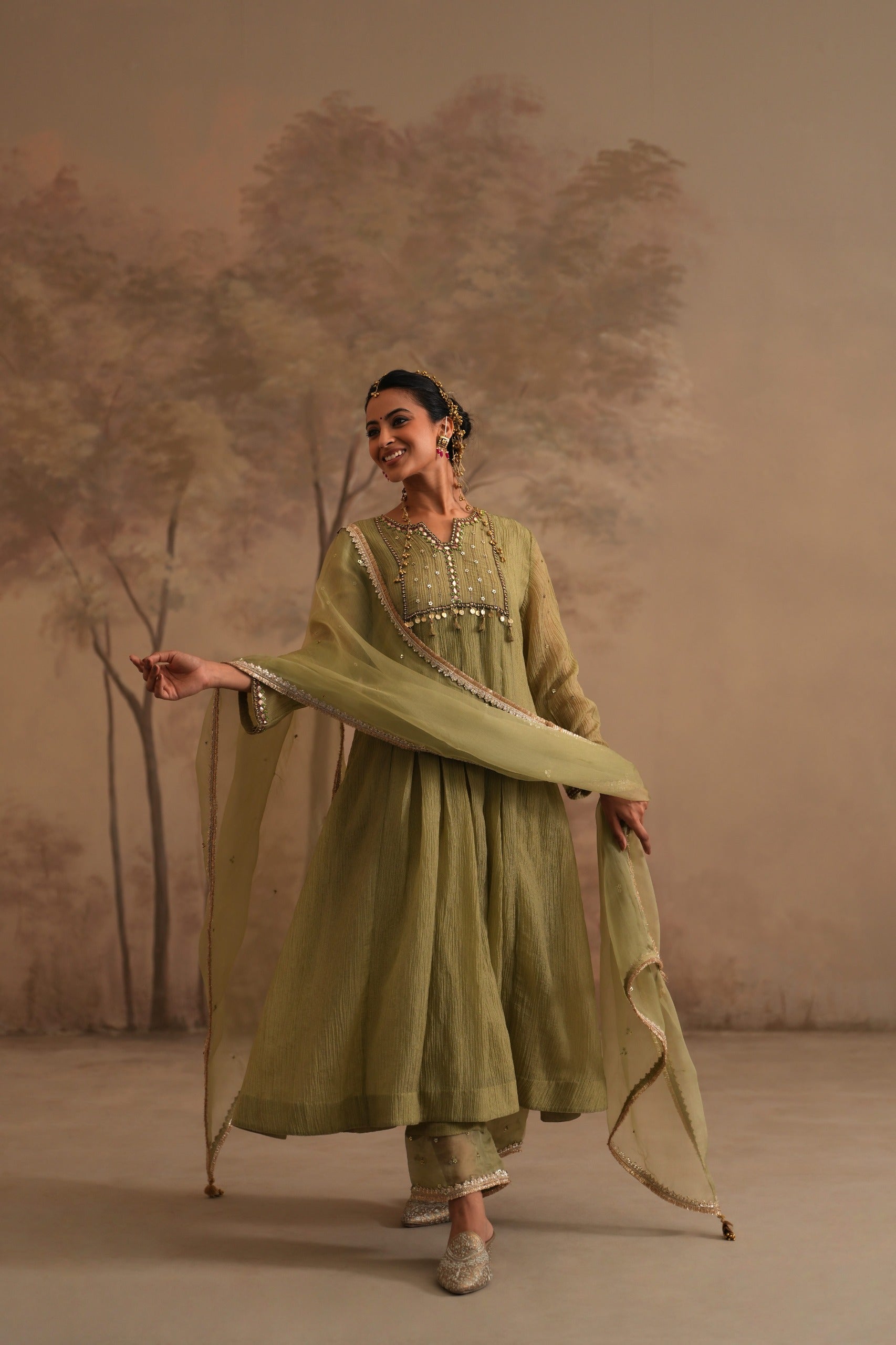 Olive Green Heer Inara Box Pleated